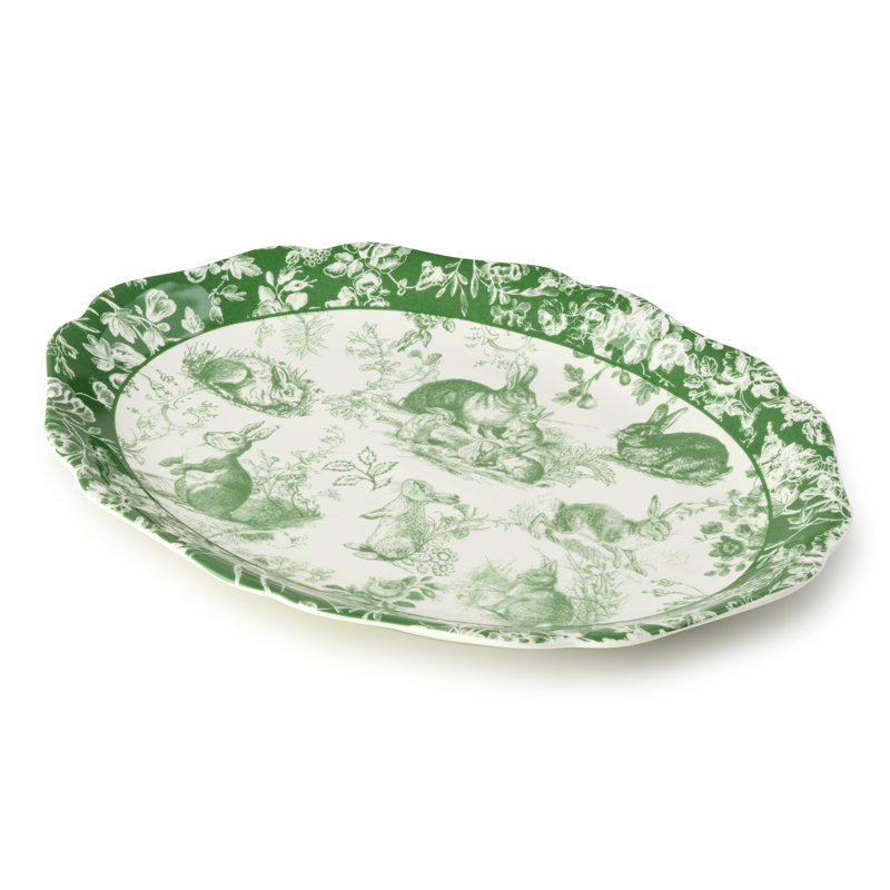Plateau ovale 16 x 12 pouces Le Jardin - Plateau de dinde en grès pour fêtes de Pâques et fêtes de Pâques - Plateau de service élégant pour les réceptions en famille
