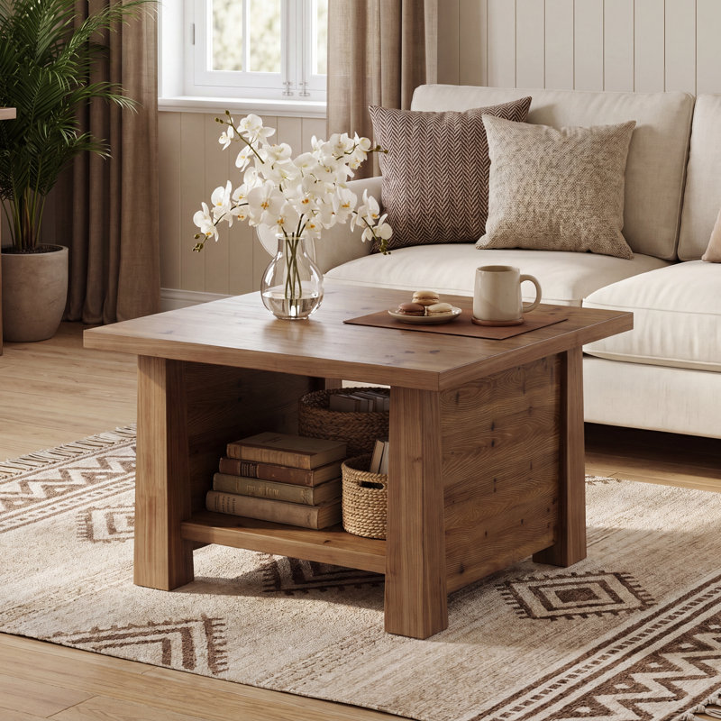 Table basse 31,5 "en bois massif avec tablette de rangement, table centrale carrée pour le salon, le bureau, facile à assembler