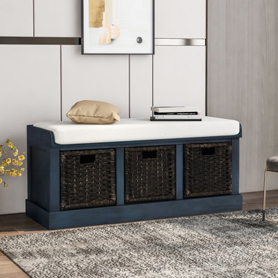 Banc de rangement rustique avec 3 paniers en rotin classiques amovibles