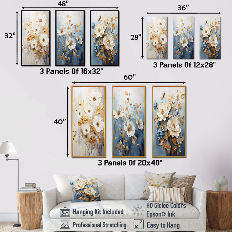 Ensemble de salon mural beige et bleu avec fleurs saisonnières, Cadre flottant doré, H 32 po x l 48 po
