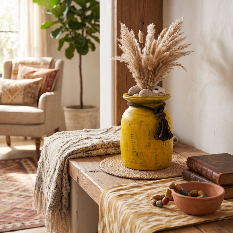 Vase en bois jaune campagnard avec corde rustique