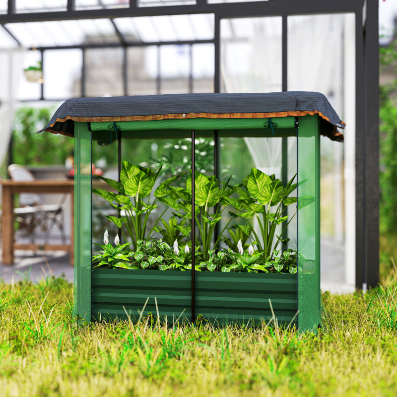 Lit de jardin surélevé galvanisé avec cage de culture et toile d'ombrage vert