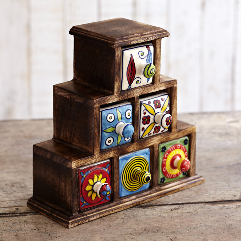 Hand Painted Multicoloured Ceramic 6 Drawer Pyramid Chest