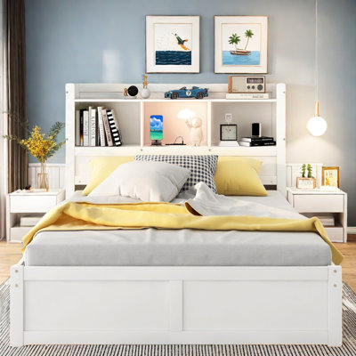 Lit Eya avec tête de rangement, tablettes coulissantes, lit gigogne simple, 2 tiroirs et USB