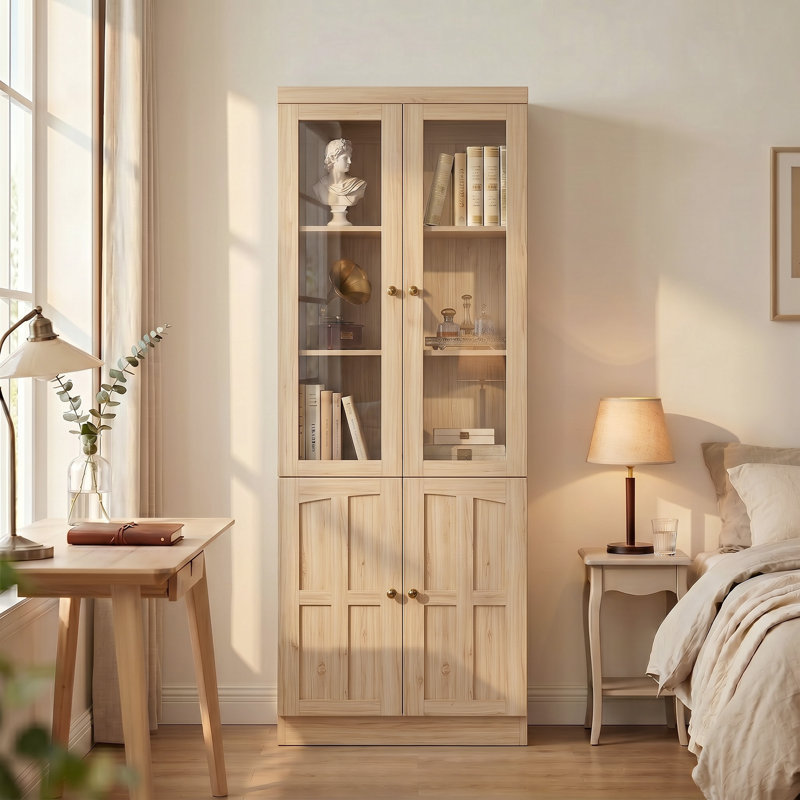 Modern Bookcase With Glass Doors And Thickened Top Panel, White