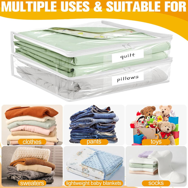 Lot de 6 sacs de rangement en plastique transparent avec fermeture éclair, en vinyle lisse, pour vêtements, literie, pulls, couettes, couvertures et draps, 40 x 35 x 10 cm, blanc transparent