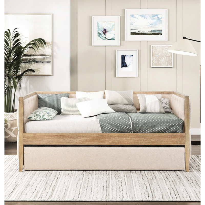 Lit de jour moderne avec boucle gigogne beige, conception transitionnelle, finition naturelle brossée au fil métallique, taille simple pour le confort de la chambre à coucher et configuration du sommeil, tissu de style 1pc, sans sommier, arrangement de lit