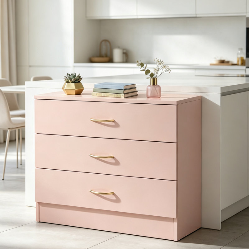 Commode de rangement rose à 3 tiroirs commode, armoire en bois avec fausses poignées en or rose et glissières à roulement à billes, organisateur de chambre compact pour vêtements, accessoires et petits espaces