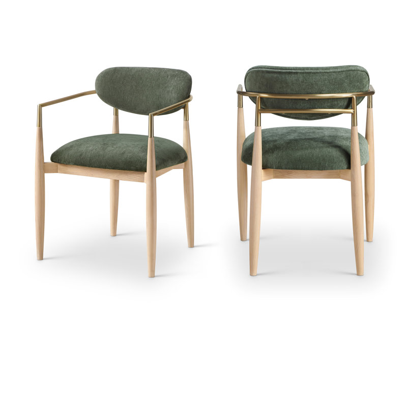 Riccio Performance Fabric Upholstered Dining Arm Chair, Olive, Stained Natural / Brushed Brass