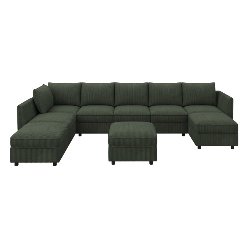 Canapé-lit modulaire en forme de U avec rangement Tremee - vert, Velours côtelé vert