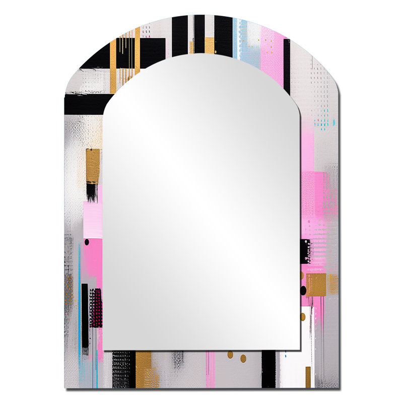 Pink Gold Bold Stripes - Cubism Arch Wall Mirror, Pink Asymmetrical Decorative Mirror, Printed Metal Art, 34" x 25"