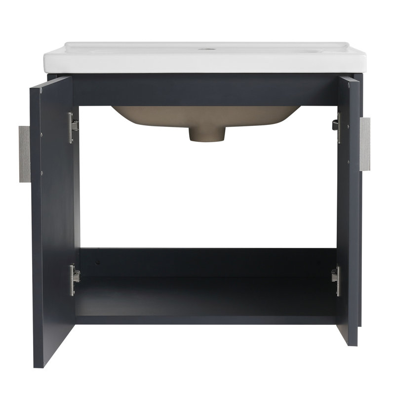 Meuble-lavabo de 24 po avec lavabo en céramique, fixation murale pour salle de bain compacte, petite porte à fermeture en douceur et poignée en métal, portes et poignées contemporaines à fermeture en douceur