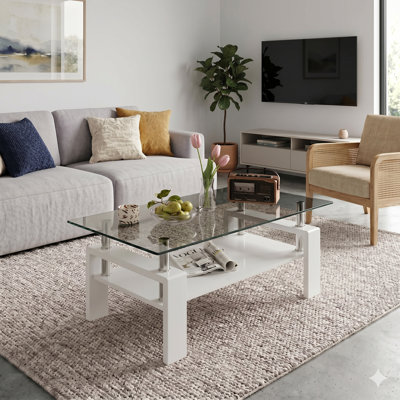 Glass Coffee Table for Living Room, Modern Rectangle Coffee Table with Storage Shelf, Mid Century 2-Tier Centre Table with Metal Legs