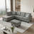 Fabric Sectional with Hidden Table and Storage Ottoman for Small Spaces, Gray-359211240-359211243