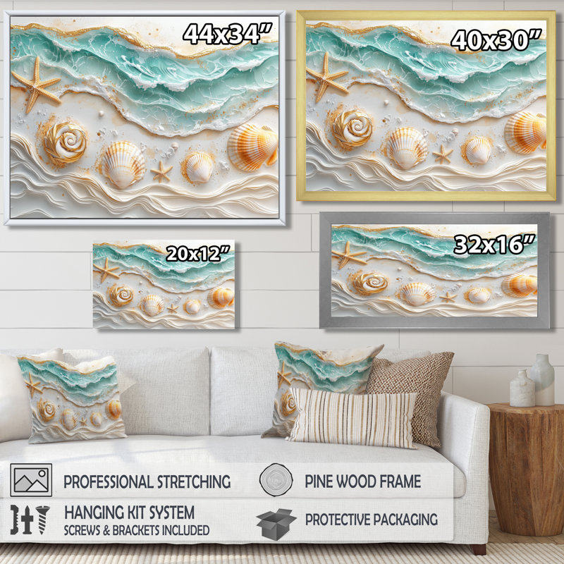 Coquillage et plage marbrée, paysage I - art mural côtier, H 12 po x l 20 po, Cadre flottant, Noir