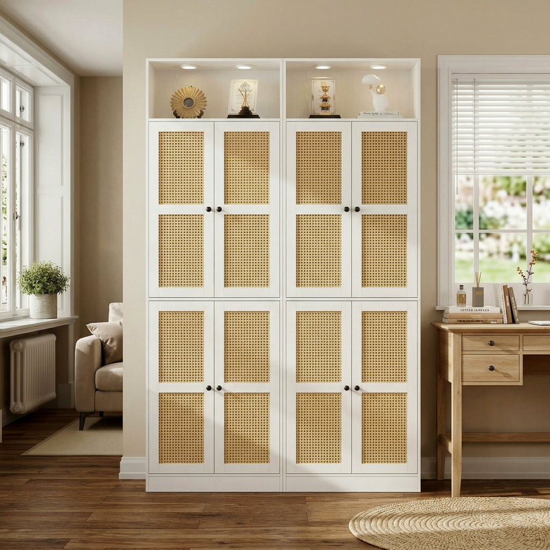 85.8" H X 47.2" W Rattan Tall Bookcase With 7 Shelves, Book Cabinet Storage Bookcase Set, with White Downlights For Living Room, Study
