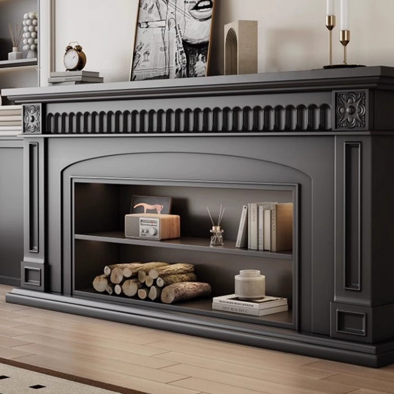 Black Solid Wood TV Cabinet Fireplace, 29.53" H x 78.74" W x 12.6" D