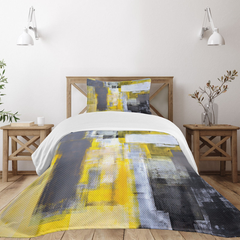 Twin Gray and Yellow Abstract Quilted Bedspread Set