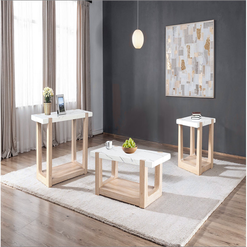 Table de bout 1pc, plateau en faux marbre à deux tons, fini naturel et blanc, salon principal