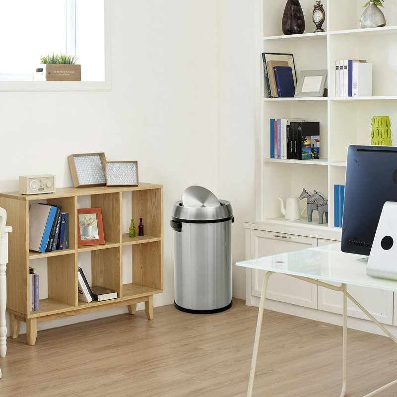 Poubelle à couvercle pivotant en acier inoxydable 17 gallons, poubelle ronde 65L avec couvercle amovible et poignées latérales, poubelle durable pour la maison, le bureau, le restaurant et l'argent