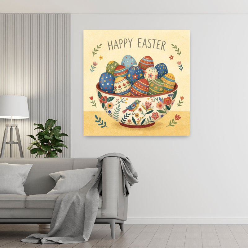 Joyeuses Pâques, œufs colorés, oiseaux traditionnels vibrants, printemps, impression murale, H 48 po x l 48 po