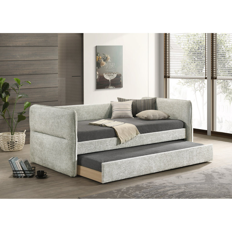 Luxueux lit de jour moderne 1 pièce avec lit gigogne escamotable et capitonné avec garniture cloutée et mobilier de salon gris clair