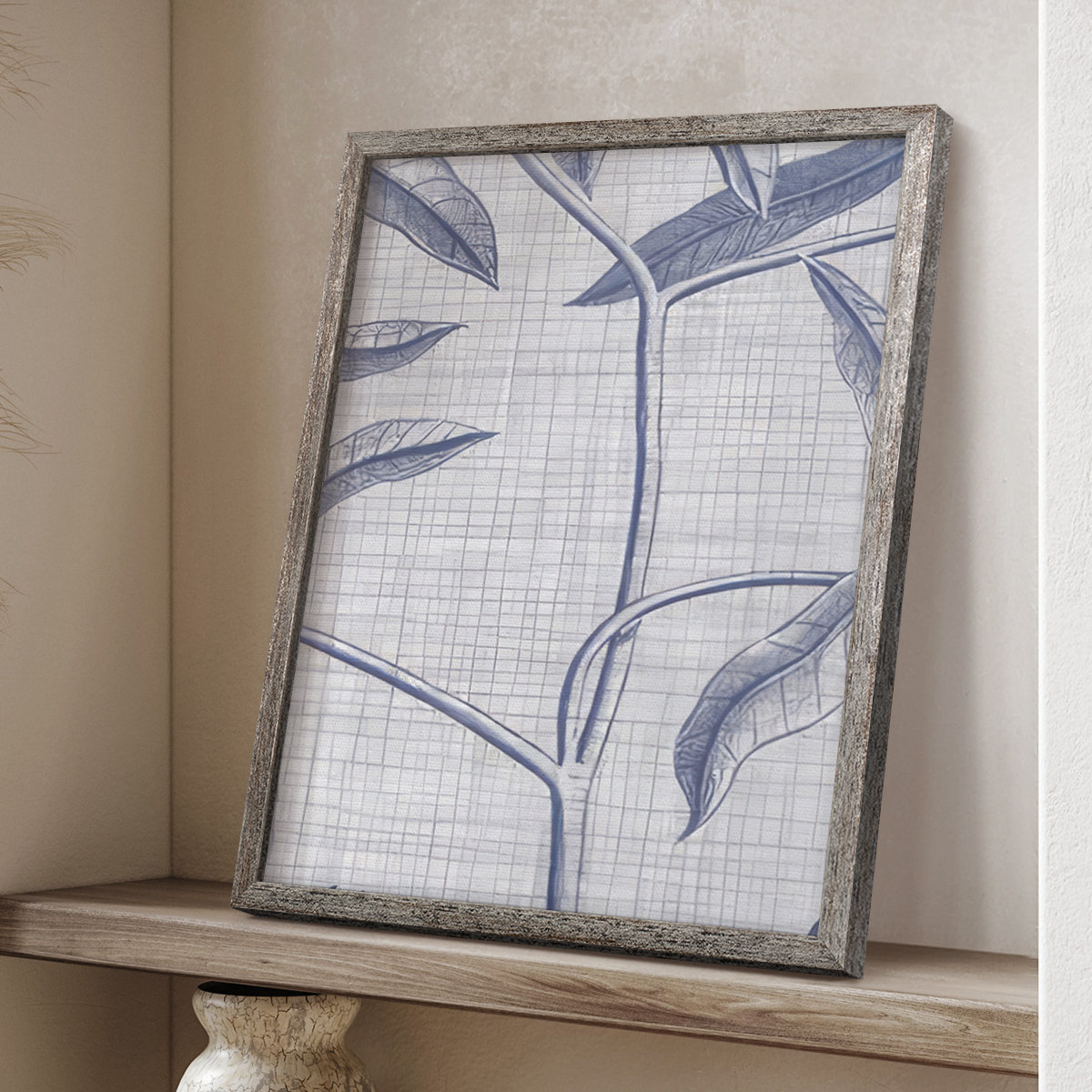 Winston Porter Navy & Linen Botanical V Framed Print - Solid Wood | Wayfair