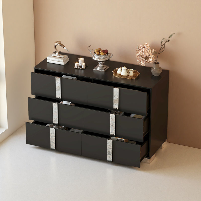 Commode élégante avec pieds en métal, armoire de rangement à miroir avec 6 tiroirs pour la chambre à coucher et le salon