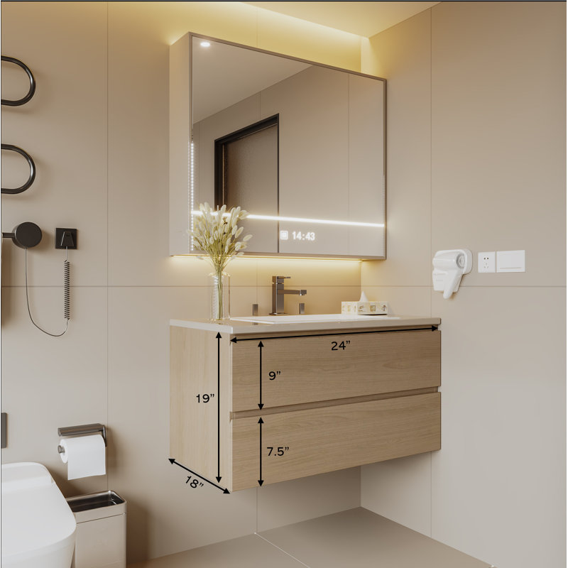 Meuble-lavabo mural - meuble-lavabo flottant moderne avec tiroirs à fermeture en douceur, portes en stratifié, fabrication en contreplaqué, largeur de 24 po