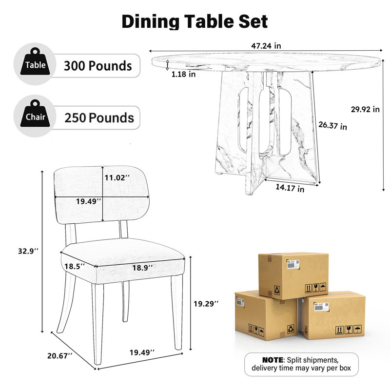 Ensemble de table de salle à manger en bois aggloméré de 47 pouces avec chaises 4/6 en tissu, ensemble de salle à manger de cuisine moderne pour le salon