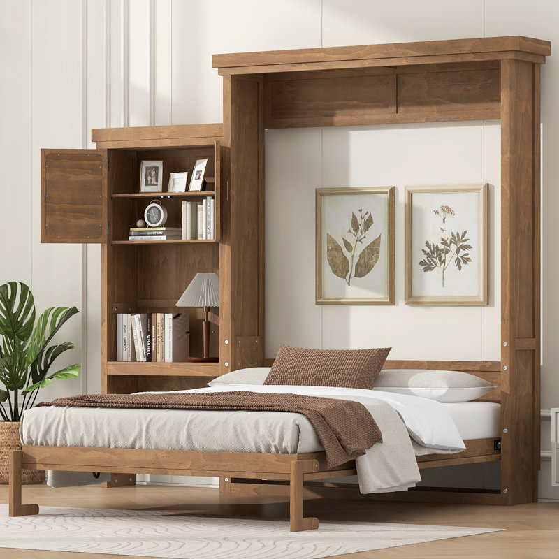 Lit escamotable avec plusieurs tablettes de rangement et décoration à persiennes, Bois