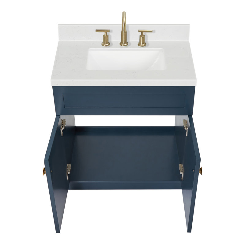 Ariel Hamlet 30 In. Bathroom Vanity With Carrara Quartz Countertop 1.5 Edge, Satin Brass, Blue