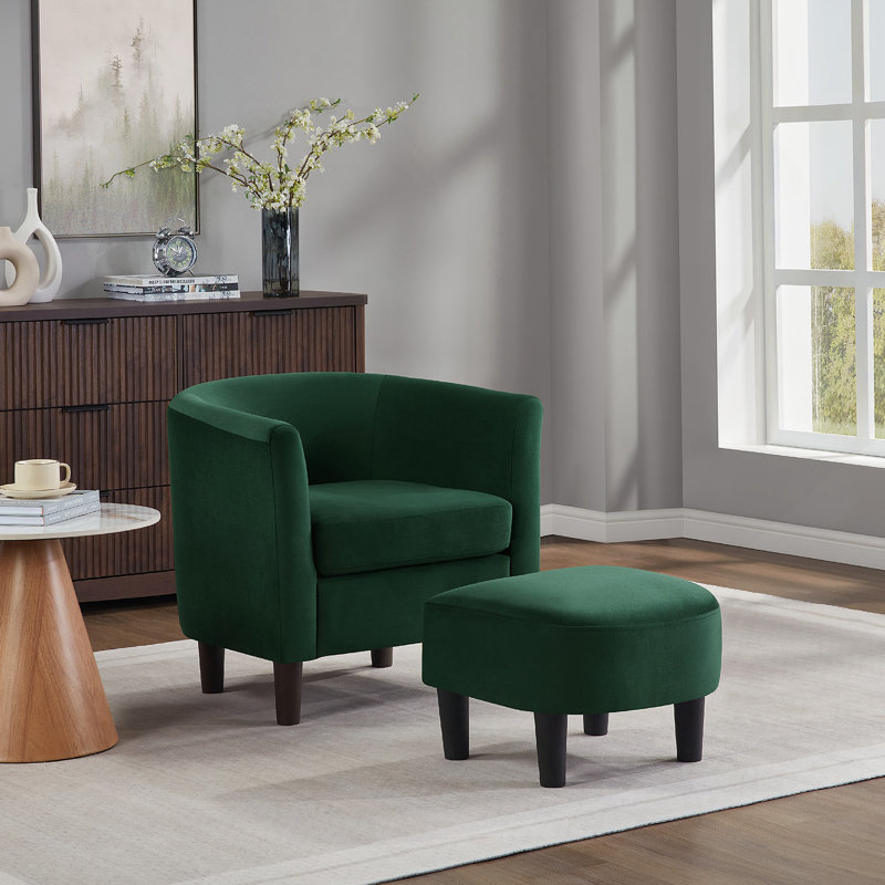 Velvet Accent Chair with Ottoman, Modern Barrel Chair Armchair for Living Room, Bedroom, Green