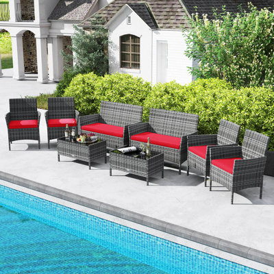 8 PCS Patio Furniture Set with Washable Cushions and Tempered Glass Coffee Table