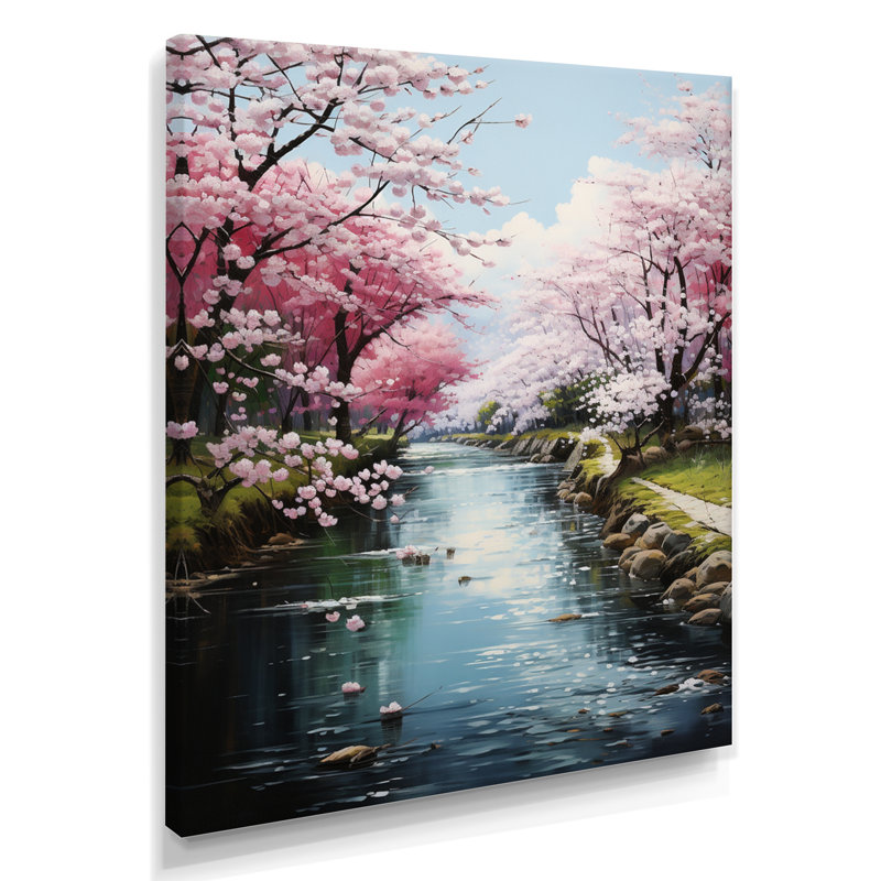 «Cherry Blossom Spring River - River», reproduction d'art murale, H 44 po x l 34 po x P 1,5 po, Toile tendue