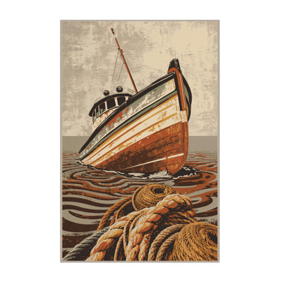 Machine Washable Mendon Fishing Boat Rustic Rug in Beige – Beige Binding