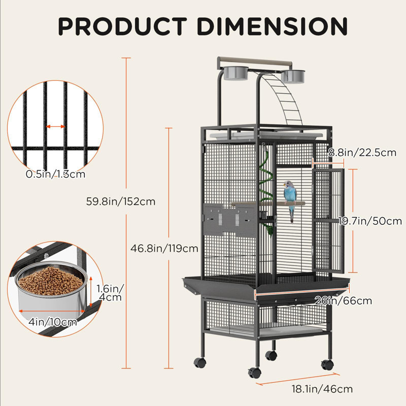 Cage à oiseaux 60 "avec roues et bols d'alimentation pour perroquets Conures Parrot, Black