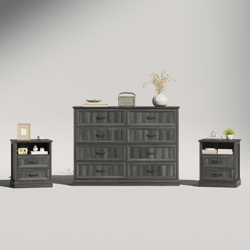 Ensemble de chambre à coucher 3 pièces, commode 8 tiroirs et 2 tables de chevet pour le salon Farmhouse, Gris