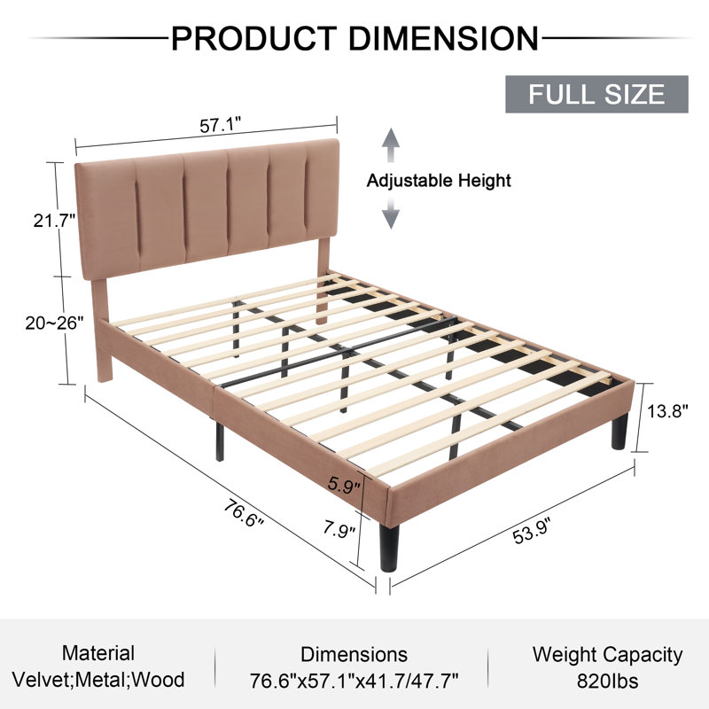 Auxter Full Bed Frame with Adjustable Headboard, Velvet Upholstered Full Size Platform Bedframe with Vertical Channel Tufted Headboard, Wooden Slats Support, Fully Upholstered Mattress Foundation, No Box Spring Needed