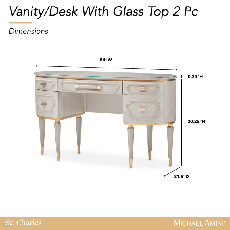 St. Charles Vanity Desk With Glass Top - Dove Gray