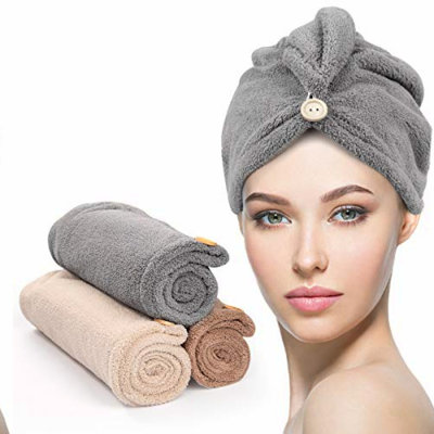 UltraDry Microfiber Hair Towel Set - Super Absorbent, Fast Drying, Anti-Frizz Hair Wrap for Curly Hair - 3 Pack with Button Closure