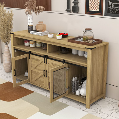 Rustic Farmhouse Sideboard Buffet Cabinet with Sliding Barn Doors, Open Storage and Spacious Tabletop