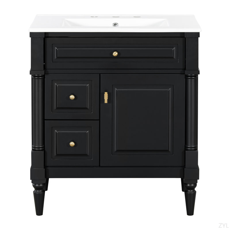 30" Bathroom Vanity With Sink, Black Freestanding Bathroom Cabinet With Flip Drawer & Adjustable Shelf, Solid Rubberwood Frame, MDF Panels & Metal Handles