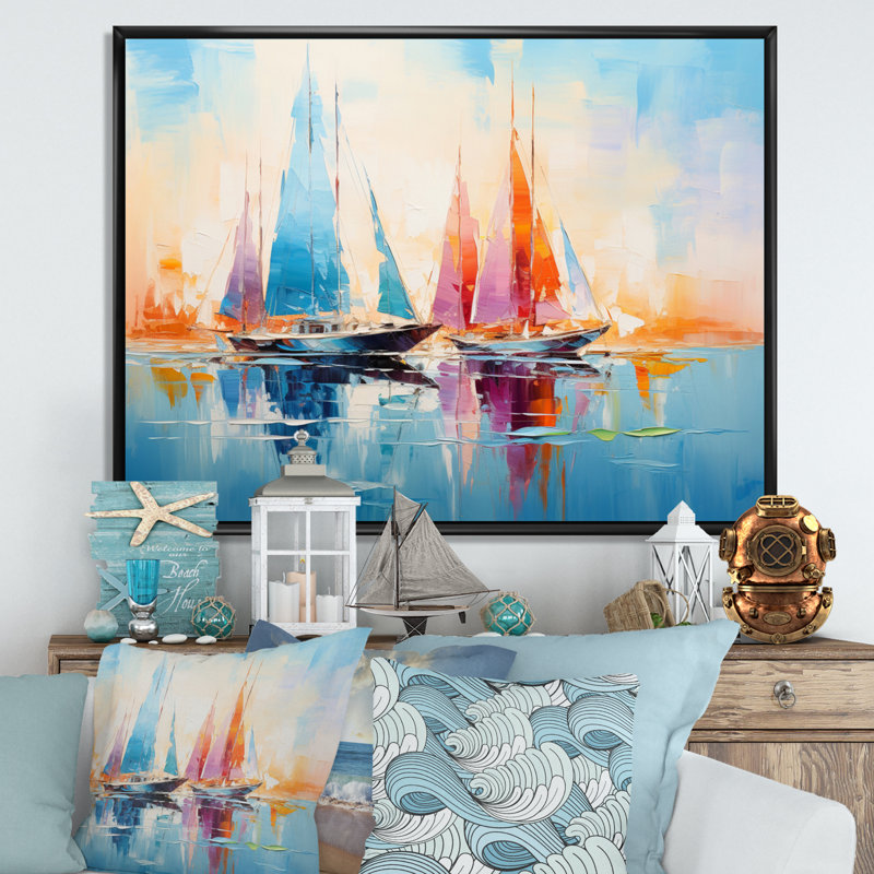 Sailboat Abstract Coastal Symphony I - Sailing Boat Canvas Wall Art, H 34 po x l 44 po x P 1,5 po, Cadre flottant noir