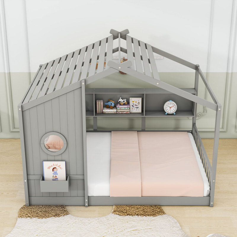 Lit maison en bois avec tablette de rangement, gris, Complète