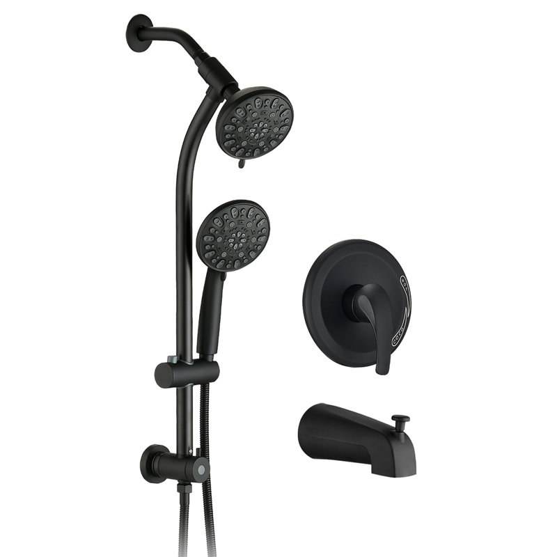 Drill-Free Slide Bar Combo Rain Showerhead 7-Setting Hand, Dual Shower Head Spa System With Tup Spout (Rough-In Valve Included)