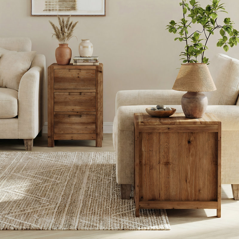 Table de bout en bois massif 3 tiroirs, ensemble de 2 tables d'appoint étroites