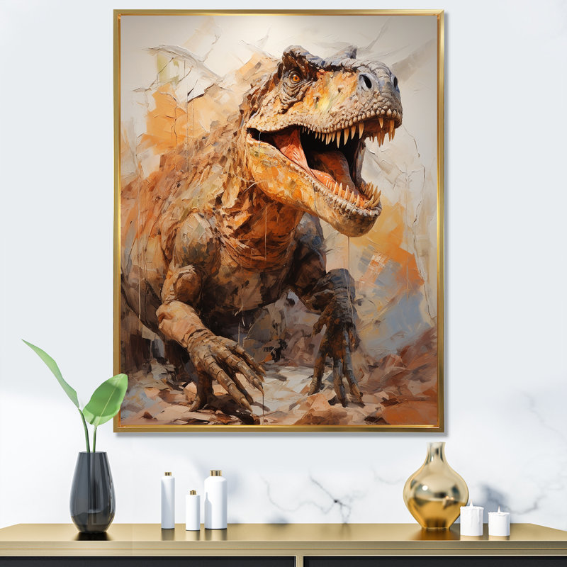«Brown Raptor Dino - Dinosaur», art mural, H 40 po x l 30 po x P 1,5 po, Cadre flottant doré