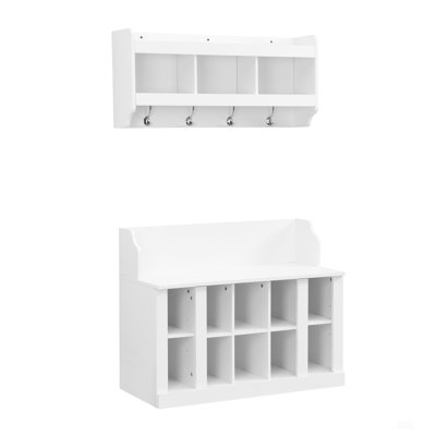 Elegant Shoe Storage Bench With Shelves And 4 Hooks, Hall Tree With Wall Mounted Coat Rack For Entryway Organization, White