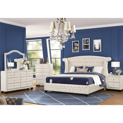 Lit double en crème avec détails en cristal, bois massif, capitonnage opulence de la chambre à coucher, fabrication en bois, luxe